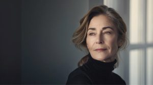 امرأة في أواخر الأربعينات تجلس بجانب النافذة في ضوء الصباح الهادئ، تتأمل بهدوء — تمثّل الانتقال الطبيعي لمرحلة انقطاع الطمث وأهمية الوعي والعناية والتوازن.