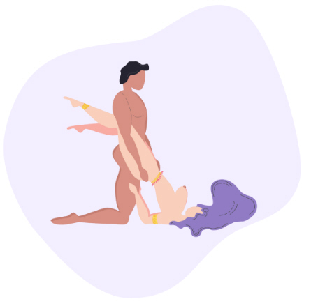 المرأة ترفع وركيها لأعلى وهي مرتكزة على كتفيها، بينما الشريك يدعمها من الوركين للحفاظ على الإيقاع والتوازن.