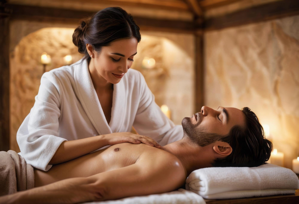 Serene couple interacting through touch and body language, reflecting attentive listening, consent, and emotional connection during sensual massage.
