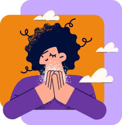 Illustration of a person sneezing or coughing into their hands, with clouds and a colorful background at